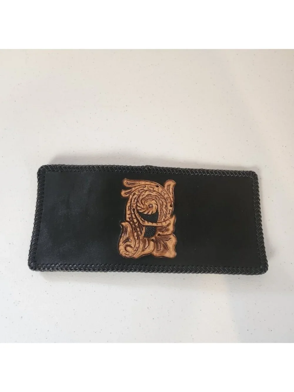 Vintage Tooled Black Leather Wallet Mens Handmade 1970s Western Boho Cowboy 70s